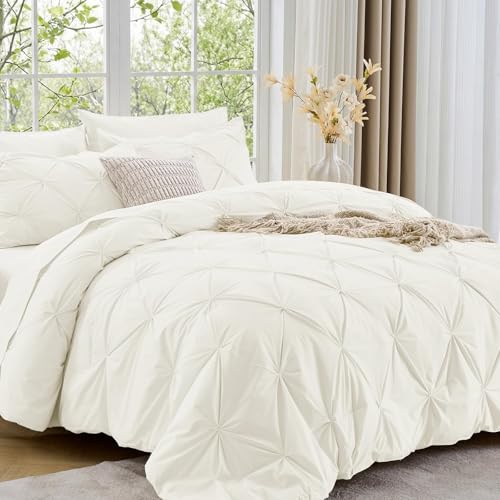 Image of Sasttie Queen Comforter Set, 7-Piece Bed in a Bag, Pintuck Bedding Sets for All Season, Includes Comforter, Flat Sheet, Fitted Sheet, Pillowcases and Pillowshams, Ivory