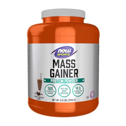 NOW Foods Sports Mass Gainer Protein Powder, Creamy Chocolate Flavor, Pea and Whey Protein Blend, 5.5 lbs.