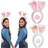 Zeyune 2pcs/4pcs Easter Bunny Ears Headband for Kid with Pom Tail Bunny Cartoon Toy Character Cosplay for Toddler Girl(4 Pcs,Pink, White)