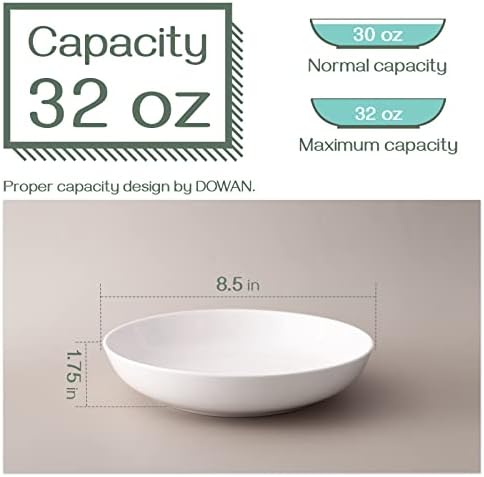 DOWAN Pasta Bowls 32oz, Large Salad Serving Bowls, White Pasta Bowl Set of 6, Ceramic Soup Bowls, Wide & Shallow Plates, Microwave & Dishwasher Safe