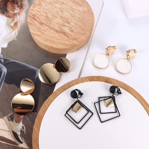 JeryWe 10Pairs Clip on Drop Earrings for Women Round Trapezoid Geometric Statement Non Pierced Ear Clips Lightweight Leaf Hoop Dangle Earring