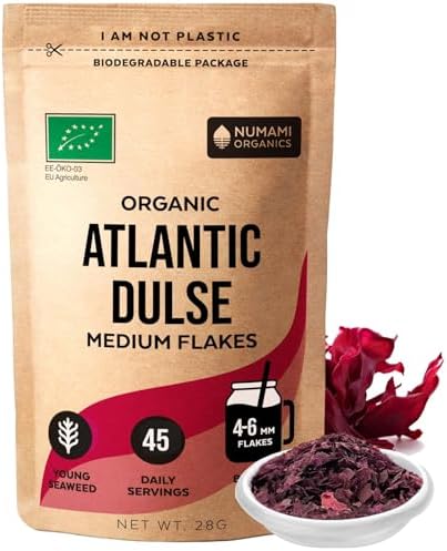 Organic Atlantic Dulse Flakes - Young Seaweed Grown in North Atlantic, Vacuum Dried Premium Quality. Soft Texture & Mild Taste. Add 1 TSP to Your Dish for Daily Vitamins/Minerals. (28 Grams)