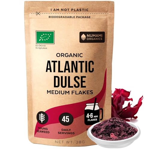 Image of Organic Atlantic Dulse Flakes - Young Seaweed Grown in North Atlantic, Vacuum Dried Premium Quality. Soft Texture & Mild Taste. Add 1 TSP to Your Dish for Daily Vitamins/Minerals. (28 Grams)