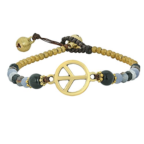 Aeravida Vintage Peace Sign With Simulated Black Onyx & Simulated Quartz Beads & Brass Beads Handmade Link Bracelet | Peace Sign Bracelet For Women #TOP24