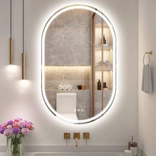 S'bagno Badspiegel-mit-Beleuchtung 500x800 mm, Oval-Badezimmerspiegel-mit-Beleuchtung und Bluetooth, Entfoggen, 3000K/4000K/6500K, IP44 LED Badspiegel mit Speicherfunktion, Horizontal/Vertik