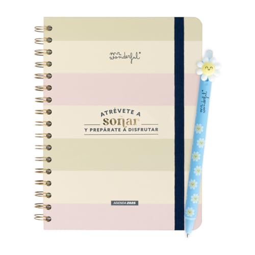 Mr. Wonderful - Set de Agenda Office 2025 Semanal - Atrévete a soñar y prepárate a disfrutar - Incluye 8 Hojas de Pegatinas y Bloc de Notas Adhesivas + Mr.Wonderful Boli borrable margaritas