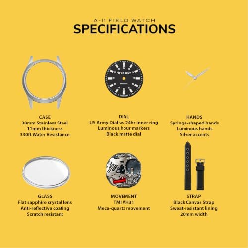 PRAESIDUS | US Army (Field) - Men's Wrist Watches, Watches for Men - Steel White Quartz, 38mm, Black Dial, White Accents, Black Canvas Strap - Gift, Military — view 5