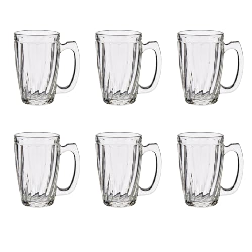 Rammento Set of 6 340ml Beer Glasses with Handle Clear | 12cm Tall Half-Pint Glass Drinking Glasses | 8cm Wide Tumbler Glass Cups Tea/Coffee Mugs | Glassware Set for Home Bar Cocktail Accessories