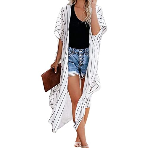 Swim Cover Up for Women Stripe Pattern Bikini Kimono Bathing Cardigan Beach Wrap Dress(07-Black and White Stripe,S)
