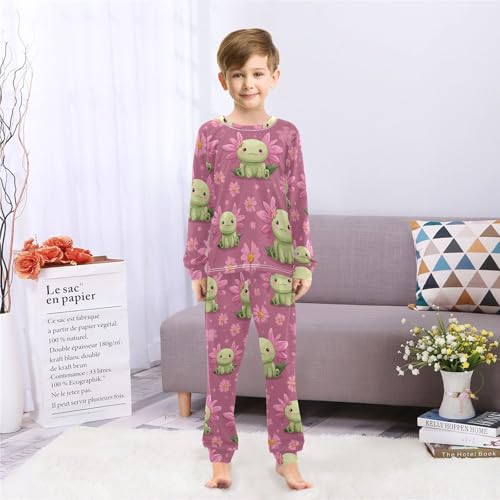 Cute Green Axolotl with Flowers Soft Pajama Set for All Seasons,Breathable Pjs Long Sleeve Sleepwear,Comfy Loungewear 2 Piece Underwear Set 5T4