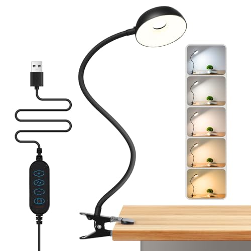 ?Clip on Lamp? 10-Level Dimming & 5 Color Modes LED Book Light, Flexible Gooseneck Reading Light for Beds, Desks, Headboards - Eye-Friendly Night Light for Kids/Adults (Black)