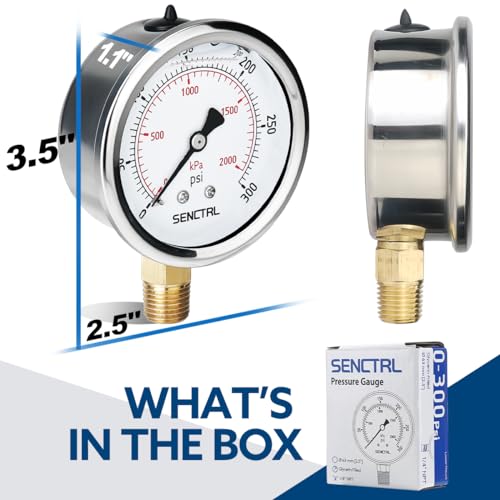 SENCTRL 0-300 Psi Glycerin Liquid Filled Pressure Gauge, 2.5" Dial Size, 1/4" NPT Lower Mount, Stainless Steel Case, for Air Gas Water Oil Hydraulic Pressure Test