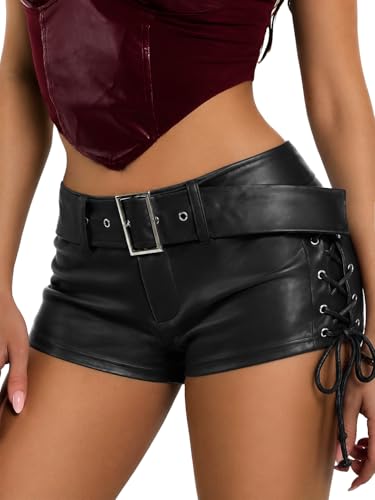 ELLEVEN Women's Faux Leather Micro Shorts Lace Up Side Low Rise Buckle Belt Y2k Western Sexy Cheeky Booty Skinny Lounge Casual Mini Shorts for Women Going Out Club Rave Outfits Black Large