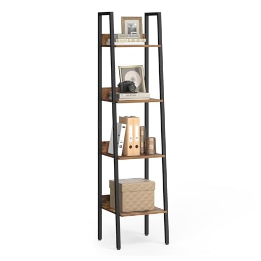 VASAGLE Bookshelf, 4-Tier Ladder Shelf, Freestanding Storage Shelves, for Home Office Living Room Bedroom Kitchen, Steel Frame, Simple Assembly, Industrial, Rustic Brown and Black ULLS108B01