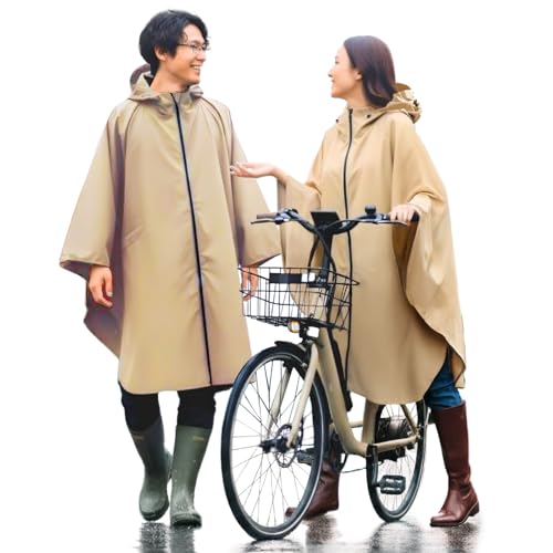 [Arch Global] レインコート ポンチョ 自転車 [左右振り向ける新設計] 暴風雨対応 耐水圧10000mm 厚手 蒸れない 撥水 リュック対応 T400ブロークンツイル レディース メンズ 軽量 Hug ハグ (キャメル)