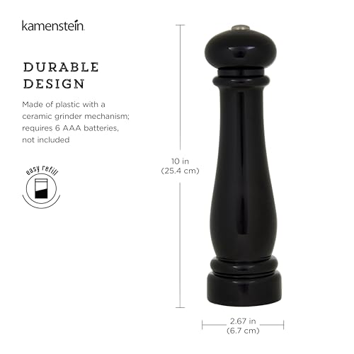 Kamenstein Traditional Glossy Battery Operated Grinder for Salt or Peppercorns, Easy to Use with One Handed Push of a Button, Runs on Batteries, batteries not Included, 10in, Black by Kamenstein - Image 3