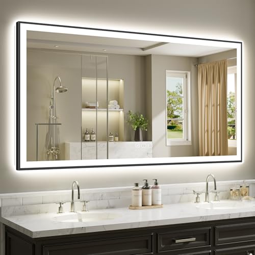 Image of 72x36 Inch LED Bathroom Mirror with Lights (Front Lit and Backlit) Black Framed Lighted Vanity Mirror for Bathroom Wall Dimmable Anti-Fog Memory Tempered Glass Horizontal /Vertical