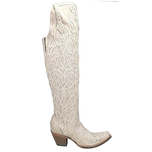 Corral Boots Womens Glitter And Tooled-Inlay Knee High Snip Toe Casual Boots Over The Knee Mid Heel 2-3" - White - Size 8.5 M #TOP2