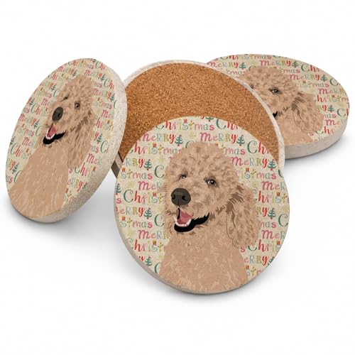 Caroline's Treasures Poodle Standard Cafe Au Lait Christmas Large Sandstone Coasters Pack of 4 Absorbent Round Coasters Decor Gifts for Men or Women, 4 in, Multicolor