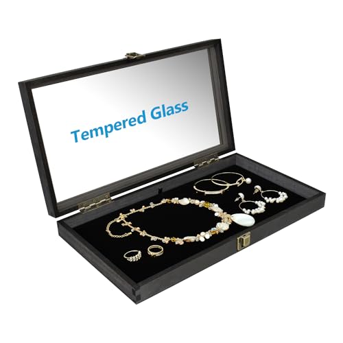 MOOCA Wooden Jewelry Display Case, Pocket Knife Display Case with Tempered Glass Top Lid and Removable Black Luxurious MDF Velvet Jewelry Pad, Black Color by MOOCA - Image 4