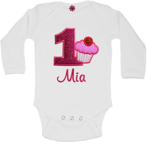 Embroidered Glitter Cupcake First Birthday Bodysuit For Baby Girl With Your Custom Name (12 Months) #TOP1