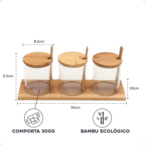 Kit Porta Temperos De Vidro com tampa de Bambu Açucareiro Meleira Porta Condimento - 3 Peças