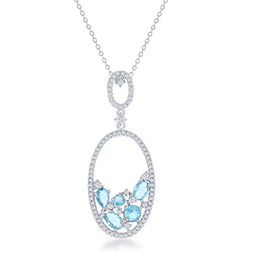 Sterling Silver Multi-Shaped Simulated Blue Topaz & White CZ Large Open Oval Pendant with 18" Chain