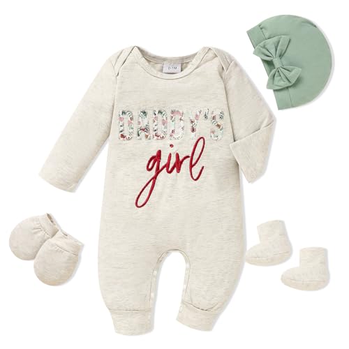 Image of Sinhoon Newborn Baby Girl Romper Infant Letter Print Bodysuit Jumpsuit+Hat+Gloves+Socks 4Pcs Coming Home Clothes Outfit