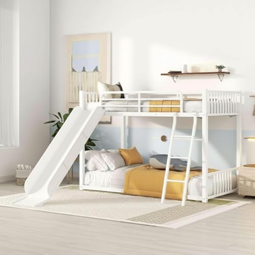 Image of Metal Bunk Bed Frame for Kids | Twin Over Twin Metal Bunk Bed with Slide for Bedroom Living Room Home (White)