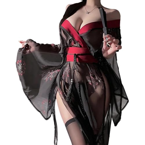 Sexy Kimono Lingerie Set - Deep V Glossy Oiran Cosplay | Japanese Style Cos