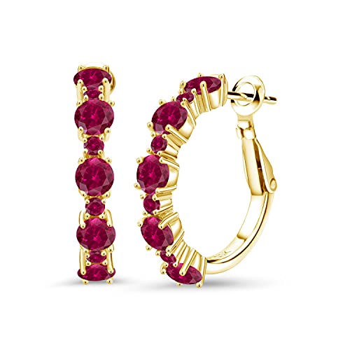 Gem Stone King 18K Yellow Gold Plated Silver Red Created Ruby Hoop Earrings For Women (2.90 Cttw, Round 4Mm And 1.9Mm, Gemstone Birthstone 1 Inch Diameter) #TOP22