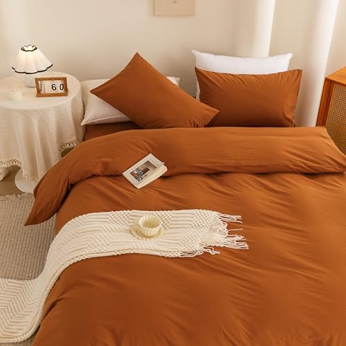 Image of ECOCOTT Orange Duvet Cover King Size, 3 Piece 100% Washed Cotton 1 Duvet Cover with Zipper and 2 Pillowcases, Ultra Soft and Easy Care Breathable Cozy Bedding Set (Orange,King)