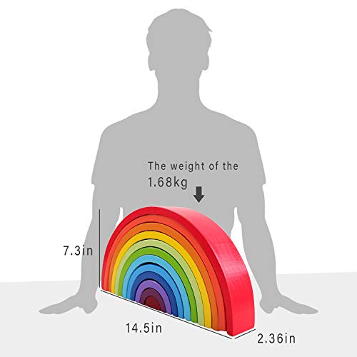 Qzmtoy Wooden Rainbow Stacker, Extra Large 12 Pcs Stacking Game, Nesting Puzzles Building Blocks Educational Toys, Shape Matching Learning Toy Set, Early Development Gift For Toddler Kids #TOP3