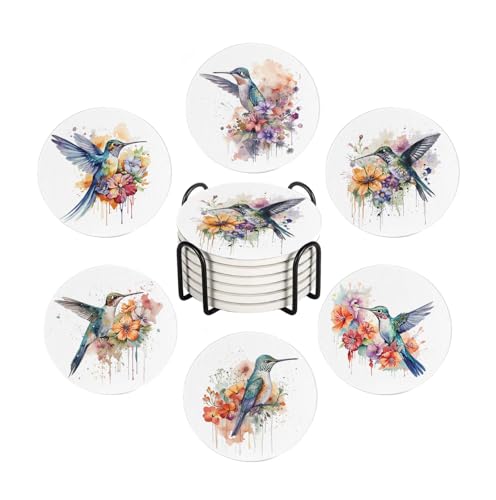 Drink Coasters for Drinks Set of 6, Watercolor Hummingbird Absorbent Round Ceramic Stone Mat, with Cork Base and Metal Holder, Home Bar Decor House Warming Gift