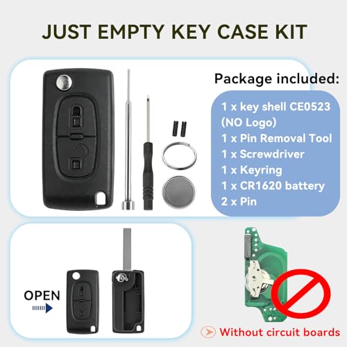 2 Buttons CE0523 Key Fob Replacement for Peugeot 207 307 308 3008 5008 Partner Expert Citroen C3 Picasso C2 C4 Key Case Sehll 0523 Casing with Pin Removal Tool Battery to DIY Replacement - Image 5
