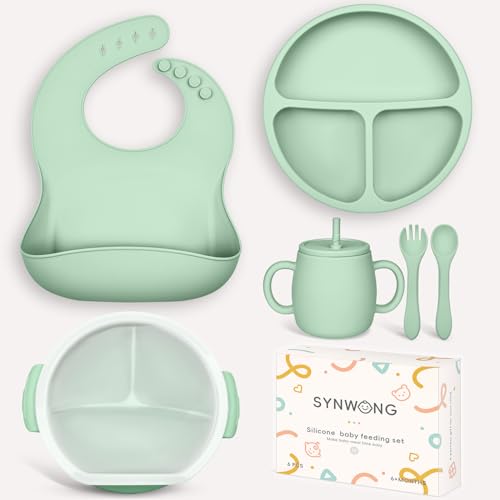 Image of Silicone Baby Feeding Set - Baby gift set，Contains silicone bibs for babies，suction plates for baby，baby spoons，baby bowls，baby cup ， baby forks for self feeding baby led weaning (green)