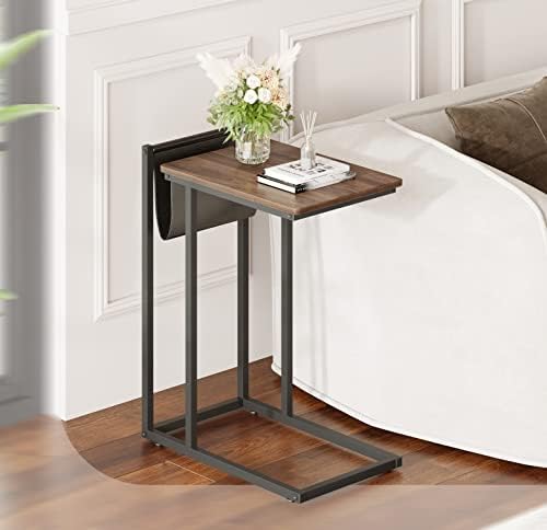 Novilla Sofa Side Table Living Room, C-Shaped Laptop End Table for Office, Industrial Style Metal Frame, Small Coffee Table with 4 Wheels and Handles, Bed Side Nightstand For Bedroom, Black