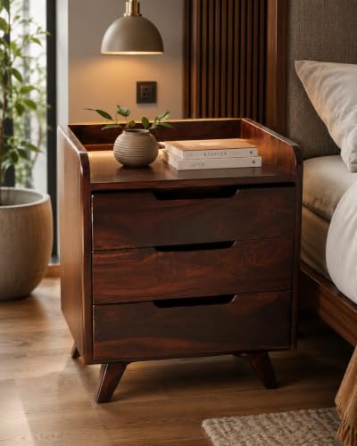 Image of Sheesham Wood Bedside Table with 3 Drawers | Solid Wood Nightstand Furniture for Bedroom | Storage Unit for Home Organization | Modern End Stand for Living Room & Guest Room | Walnut Finish