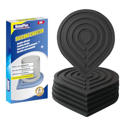 HAEPIPLUS 6 Pieces Silicone Coasters,Water Drop Shape Drink Cup Mat (Black)