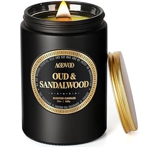 AOOVOO Scented Candles for Men – Large 22oz 120 Hours of Burn Time, Oud & Sandalwood Candles for Home Scented | Crackling Wood Wick Soy Candle | Strong Fragranced Black Candle Gift for Women & Men