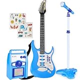 Best Choice Products Kids Electric Guitar Set with Microphone & Amp, Interactive Musical Toy for Boys & Girls, Lights & Sounds, Demo Songs, AUX Input, DIY Stickers - Electric Blue