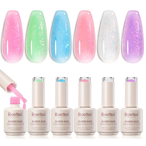 Gelab cosmetics LLC Beetles Rubber Base Gel Set 6 Colors 15ml, Milky White Gel for Cloud Ombre Nails, 5 in 1 Builder Base Coat, Self Leveling Strengthening Nail Repair, UV LED Soak Off for Weak Nails