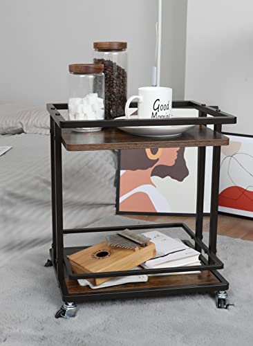 Chloryard 2-Tier Utility Rolling Cart, Metal And Wood Side End Table With Wheels Multifunctional Serving Storage Cart For Home Office Kitchen Bedroom Living Room Organizer (Brown) #TOP7