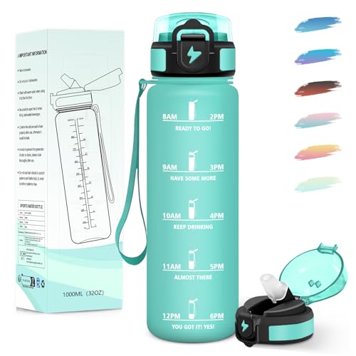 Motswedi Gourde 1l, avec Paille, Gourde Sport, Anti-Fuite, Bouteille, Réutilisable, Bouteille d'eau, avec Marqueur de Temps, pour Fitness, Yoga, Sport, Camping, Gym, Travail, Bleu Vert 3245C