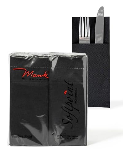 Mank Besteckservietten aus Softpoint Pub Bestecktaschen 40x33 cm 1/8 Falz gefaltet Servietten mit Besteckschlitz für Gastronomie und Feiern 50 Stück (Schwarz)