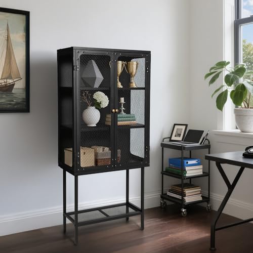BOKKOLIK Industrial Metal Storage Display Cabinet with Mesh Doors, Black Steel Frame, 59-Inch Tall Standing Shelving Unit with Bottom Rack, 37.4x24.8x59 Inches