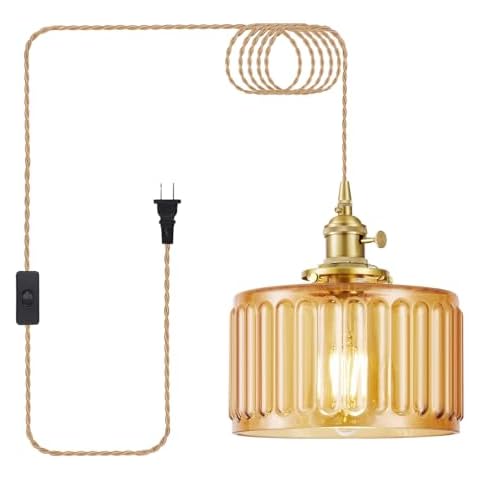 Beser·Win Plug in Pendant Light, Hanging Lights with Plug in Cord, Hanging Light Fixture with Clear Glass, E26 Pendant Lighting for Kitchen Island, Bedroom, Dining Room- Amber Color Cover