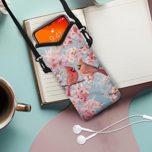 Image of Small Crossbody Bag for Women Men Waterproof Neoprene Phone Bag Pouch with Shoulder Strap Mini Travel Bag for Cellphone Keys Lipstick, American Red Cardinal Bird Peach Blossom