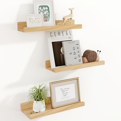 RICHFOCUS Floating Shelves for Wall, 16 inch Solid Wood Picture Ledge Shelf for Wall Storage, Nursery Book Shelves with Lip for Living Room Bathroom Bedroom Kitchen, Set of 3, Natural