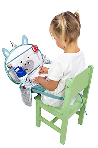 Lulyboo Toddler Car Seat Tray and Backpack - Unicorn Travel Tray with Firm Writing Surface - Kids Lap Desk, Built-in Cup Holder and 8 Storage Pockets